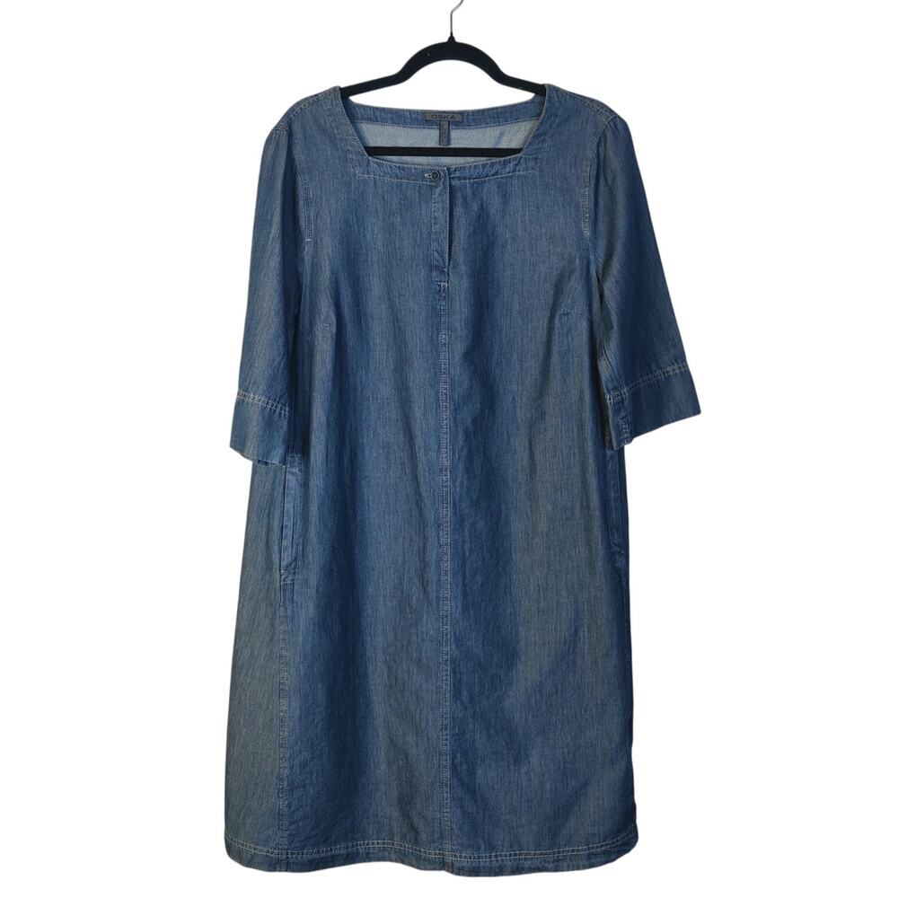 Oska Blue Chambray Cotton Square Neck Lagenlook Dress Small Luxury Slow Fashion